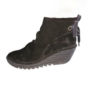 Fly London Yama Women's  Black Suede Wedge Booties Size 41 (10)